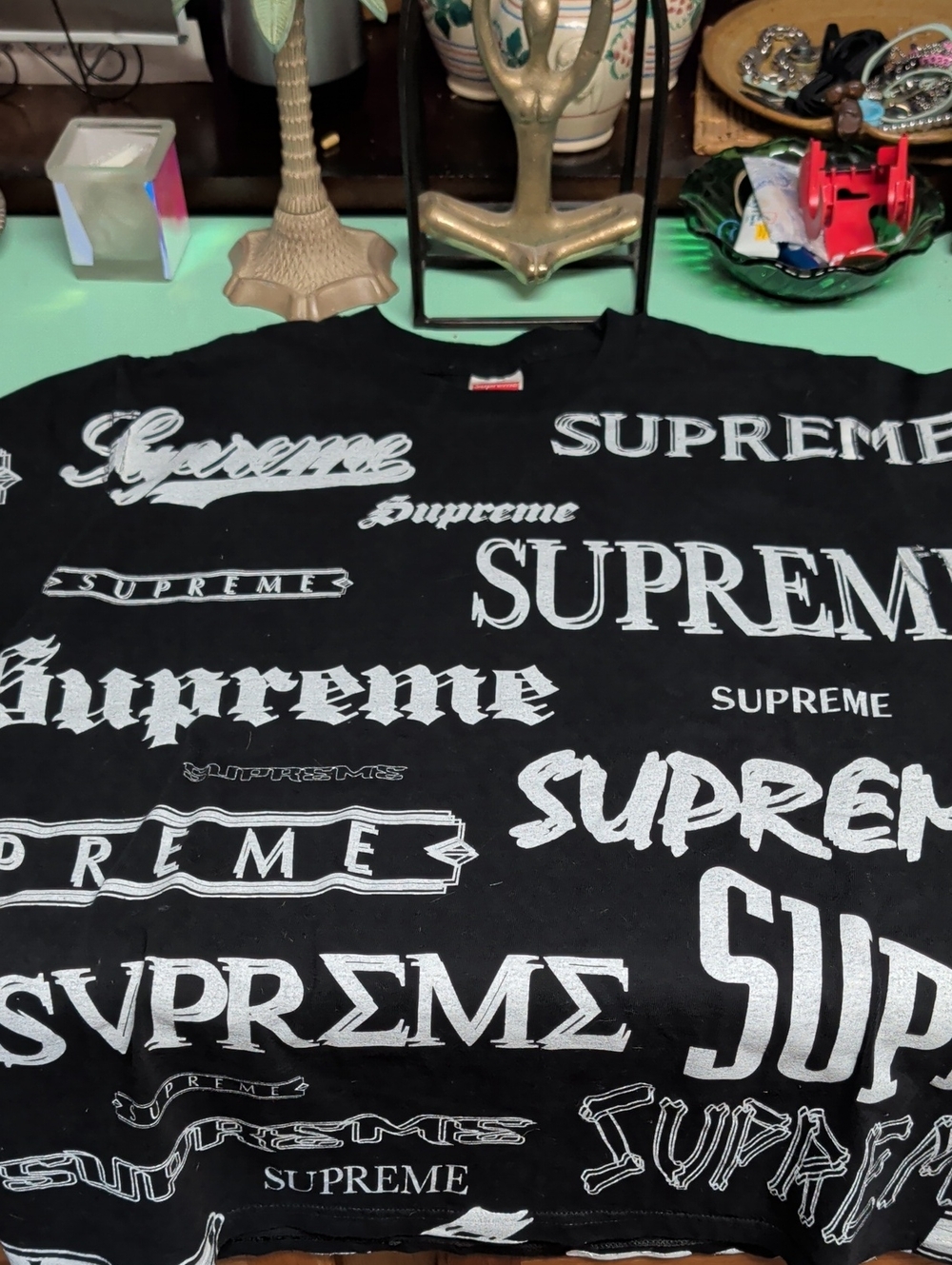 Supreme Black Tee with White Multi-Logo Print